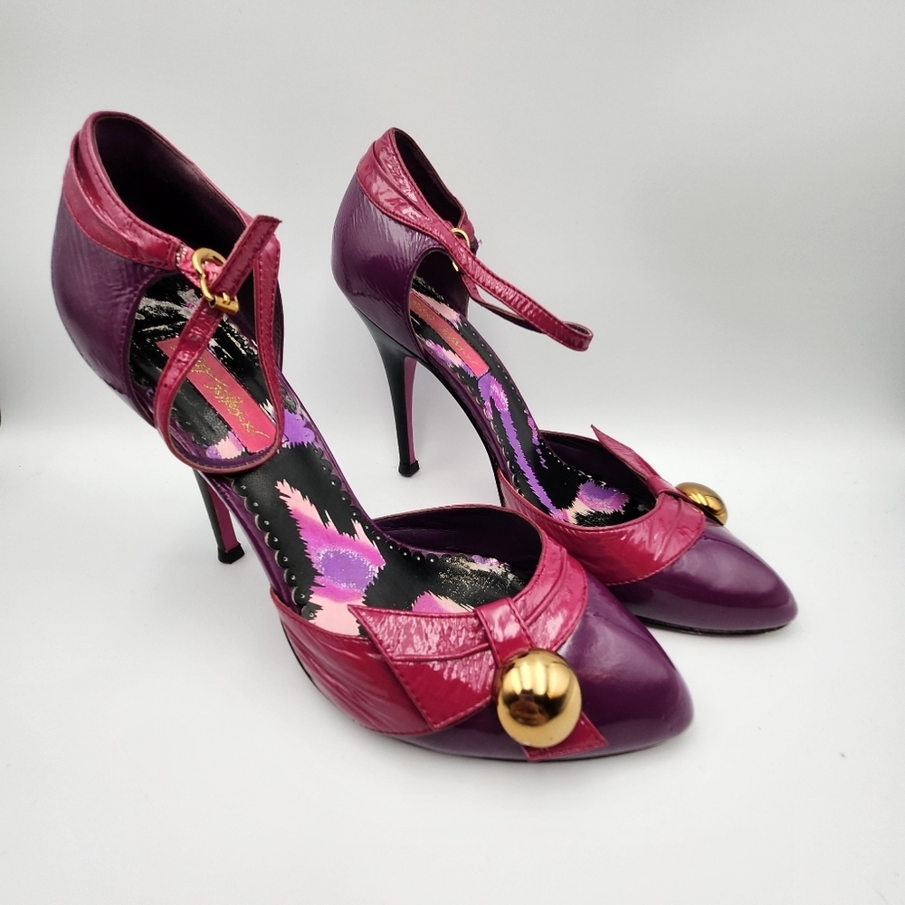 Purple Two-Tone Mary Jane Stiletto Heels with Gold Accent